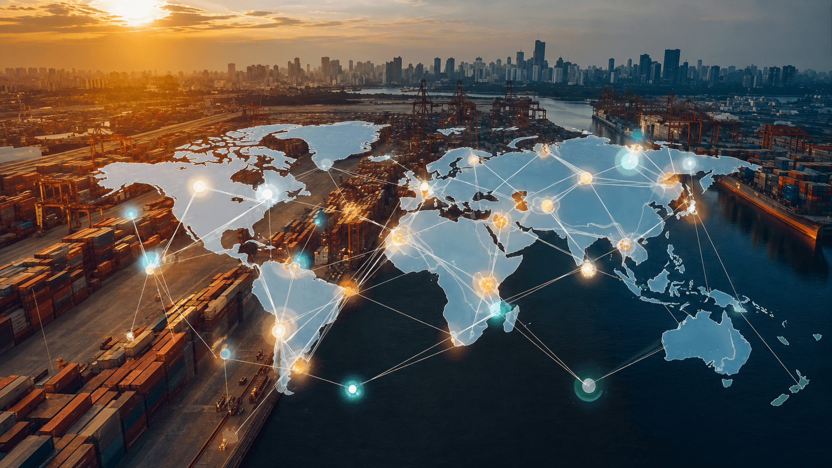 Sharp global trade network connecting ports and markets, including Australia